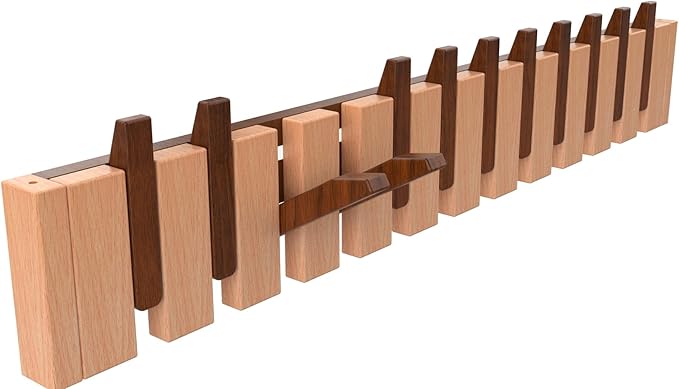 Wall Mounted Piano Key Hanger | Flip Style Hook | Entrance Wall Art Hook, Made of Oak Wood (3 Times Painted, 4 Times Polished) (Walnut-Beech, 12Hooks)-Ruum Studio Home