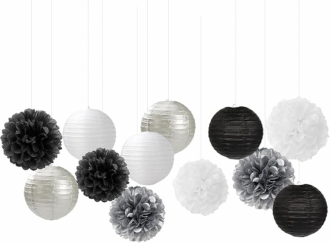 Black White Silver Party-Decorations Paper Flowers Lanterns - 15PCS Birthday Halloween Wedding Tissue Pom Poms Streamers, Halloween Prom Baby Shower Bachelorette Hanging Supplies Decor Hugfond-Ruum Studio Home
