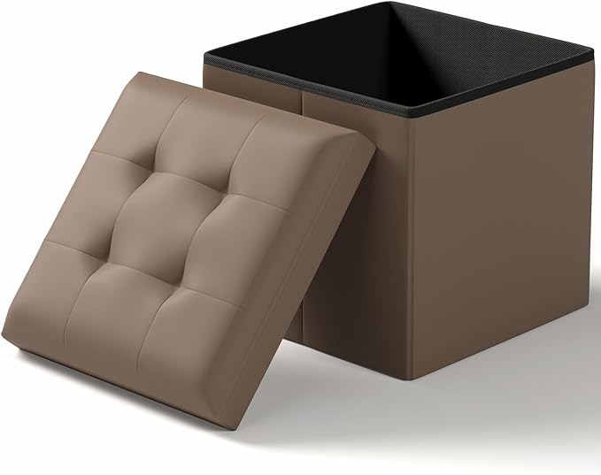 15 Inches Small Folding Storage Ottoman Cube, Storage Footrest, Foot Rest Stool, for Living Room, Bedroom, Dorm, Hallway, Entryway, Brown-Ruum Studio Home