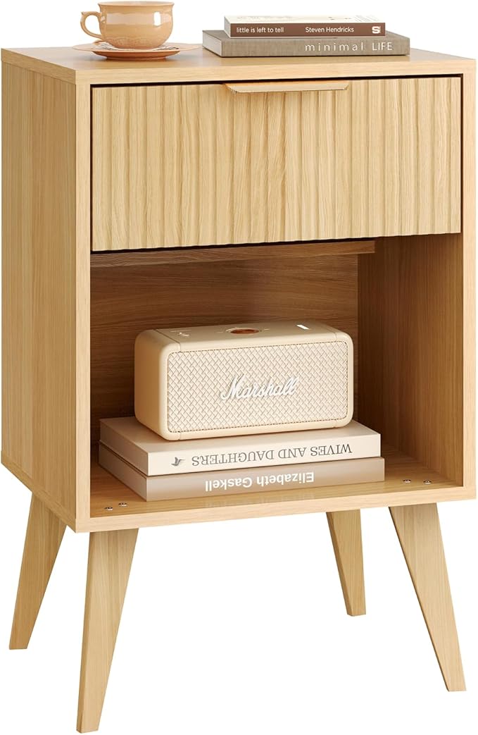 Fluted Night Stand with Opening Storage,Mid Century Bedside Table with Drawer,Wood Nightstand with Solid Wood Legs,End Table Side Table for Living Room,Bedroom,Natural CTG56Y-Ruum Studio Home