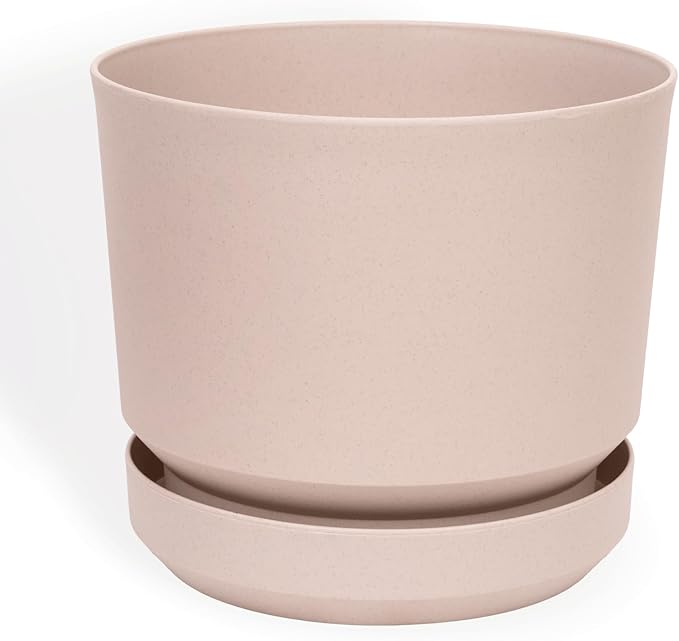 Elly Décor 14 inch Plastic Cylinder Planter Pot with Self-Watering Saucer and Drainage Hole,Lightweight & Extremely Durable, 14"x 14", Ivory-Ruum Studio Home