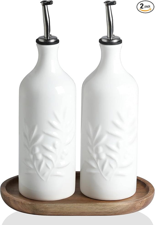 Sweejar Ceramic Olive Oil Dispenser Bottle, 20 Oz Relief Opaque Oil Cruet Protects To Reduce Oxidation, Suitable for Storage,Vinegar, Soy Sauce,Liquids,Set of 2 (White White)-Ruum Studio Home