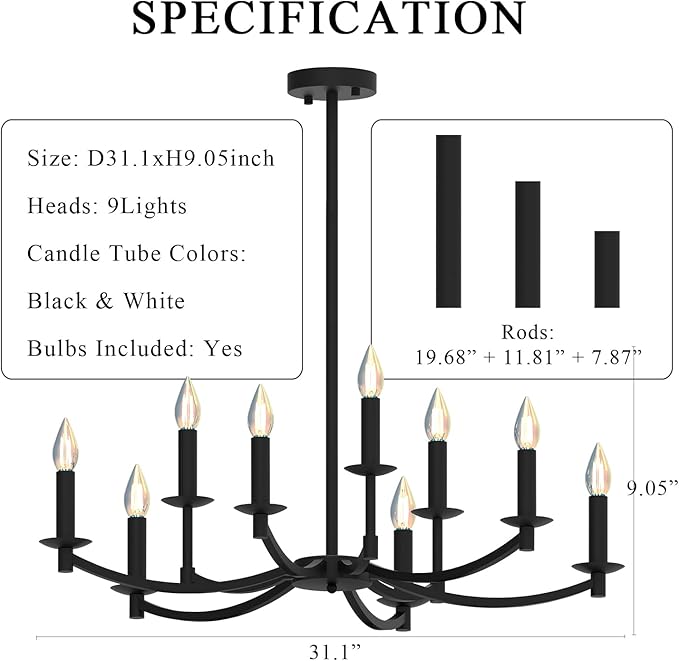 Round Black Chandeliers, Modern Candle Hanging Lights, LED Pendant Lighting Ceiling for Dining Room Bedroom Kitchen Island Farmhouse Living Room (Black-A 9Lights)-Ruum Studio Home