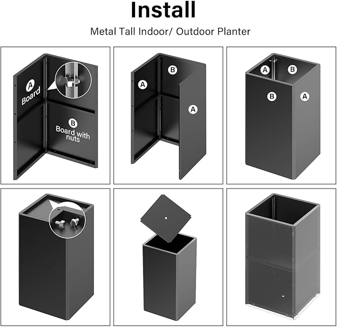 Tall Planters 26 Inch Square Metal Plant Pot with Removable Insert Shelf and Drainage-Modern Tall Black Planters for Indoor & Outdoor-Front Porch,Patio,Garden (14" L X 26" H)-Ruum Studio Home