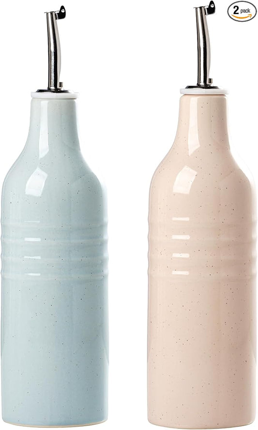 famiware Jupiter 16oz Ceramic Olive Oil Dispenser Bottle, Olive Oil and Vinegar Dispenser Bottle Set of 2 with Stainless Steel Pourers, Suitable for Storage Vinegar, Liquids, Light Blue & Light Pink-Ruum Studio Home