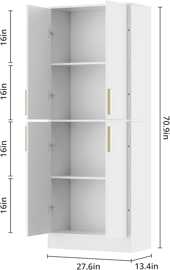 71" Tall Pantry Cabinet with 4 Doors, Kitchen Pantry Storage Cabinet, Freestanding Larder Cupboard, Kitchen Hutch with Gold Handles for Dining Room, Bathroom, White-Ruum Studio Home