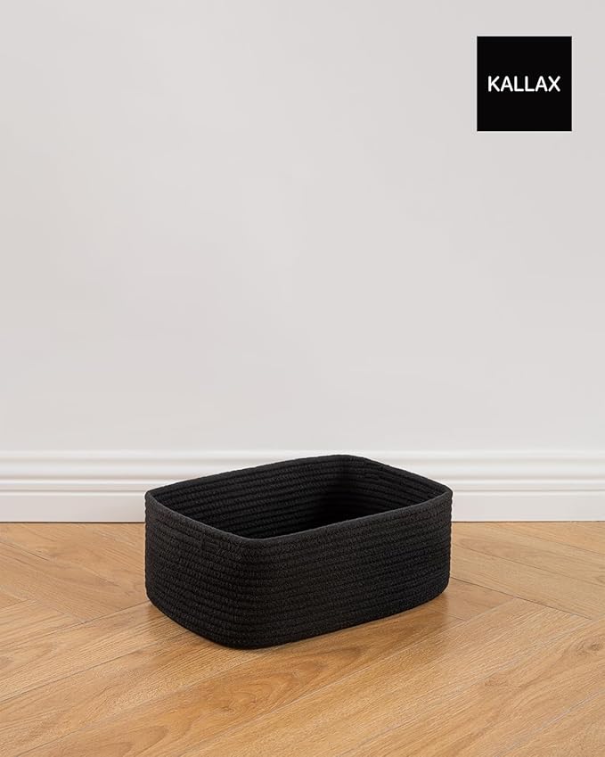 KALLAX Small Woven Basket, 13.5 x 9.5 x 5 Inches, Storage Basket for Organizing, Cute Small Rope Shelf Closet Cube Storage Bins Baskets for Shelves, Dog Toy Gift Baskets Empty, 3 Packs, Black-Ruum Studio Home