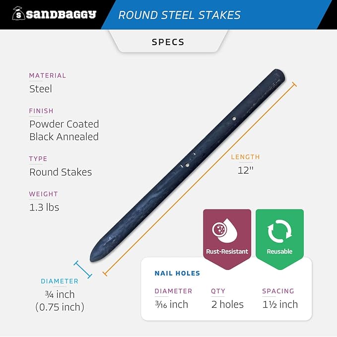 Sandbaggy Round Steel Concrete Form Stakes with Nail Holes - Rust Resistant Coating - Removable, Reusable (20, 3/4 in X 12 in)-Ruum Studio Home