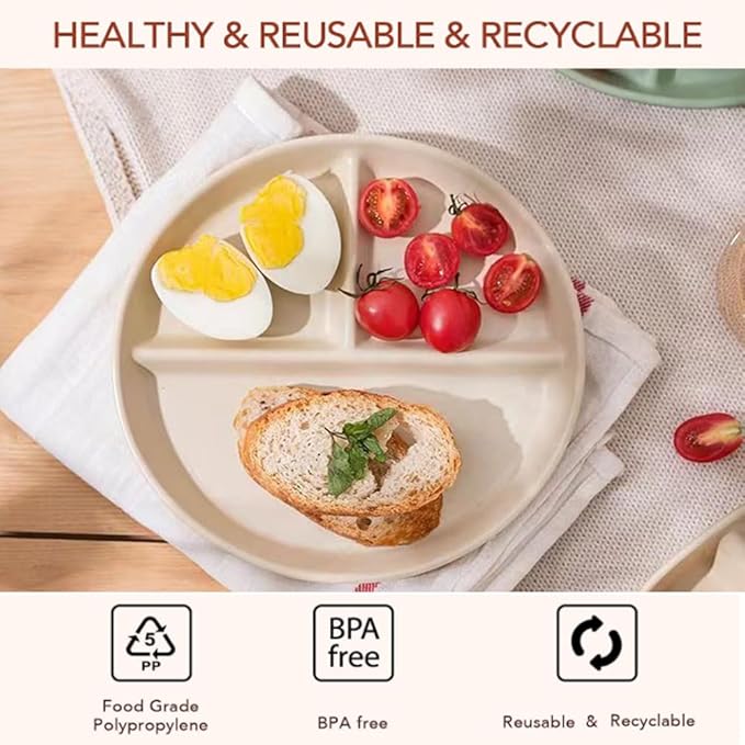 9" Unbreakable Divided Plates Set of 5, Wheat Straw Plate Reusable Dinnerware Portion Control Plates, Round Bariatric Plastic Plate for Kids Adults, BPA-free, Dishwasher Safe-Ruum Studio Home