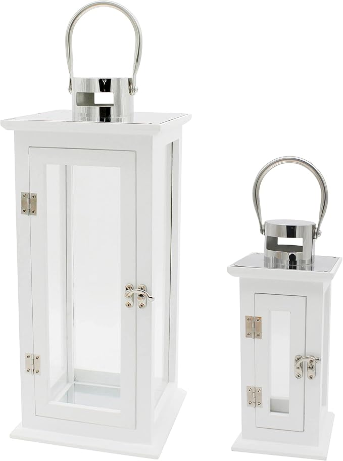 CVHOMEDECO. Decorative Elegant Wood Hurricane Candle Lantern with Stainless Top and Glass Inserts for Home Patio Outdoor Decor. White, Set of 2-Ruum Studio Home