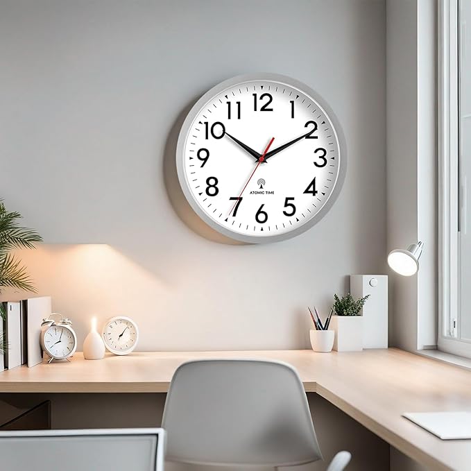 Atomic Wall Clock Analog 14 Inch Battery Operated Modern Decorative for Living Room Kitchen Office Bedroom Bathroom(Silver)-Ruum Studio Home