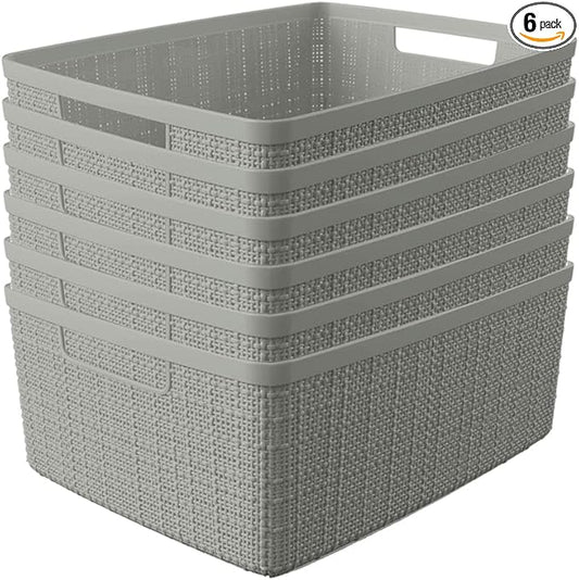 Curver Jute Decorative Plastic Organization and Storage Basket Perfect Bins for Home Office, Closet Shelves, Kitchen Pantry and All Bedroom Essentials, (Set of 6), Grey, Medium-Ruum Studio Home
