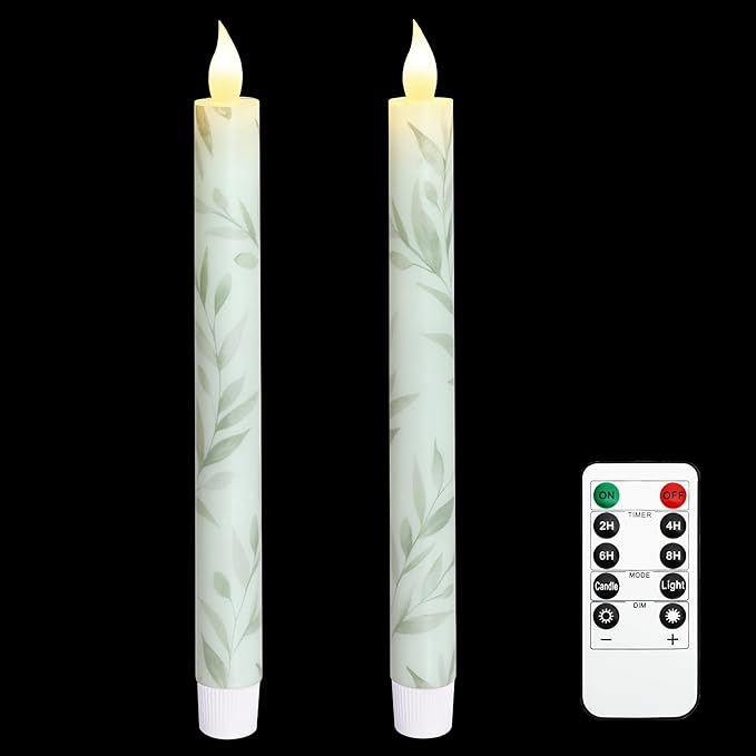 Willow Leaf Flameless Taper Candles with Remote & Timer Real Wax LED Taper Candles Flickering Candlesticks Battery Operated Candle for Home Wedding Party Summer Fall Christmas Decor 2 Pack 9.6"-Ruum Studio Home