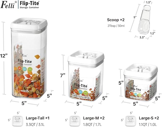 Felli Flip Tite Food Storage Container 5" LARGE 5pk Set + No Residue Label, Airtight Lid Easy Lock Top Stackable, Plastic Canister Jar for Pantry Kitchen Fridge Organizer Pasta Protein Powder Spice-Ruum Studio Home