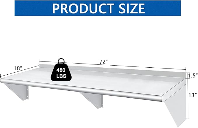 HARDURA Stainless Steel Shelf 18" x 72", 480lb Commercial Shelves Wall Mount Metal Shelving with Backsplash and Brackets for Kitchen, Restaurant, Laundry Room and Home-Ruum Studio Home