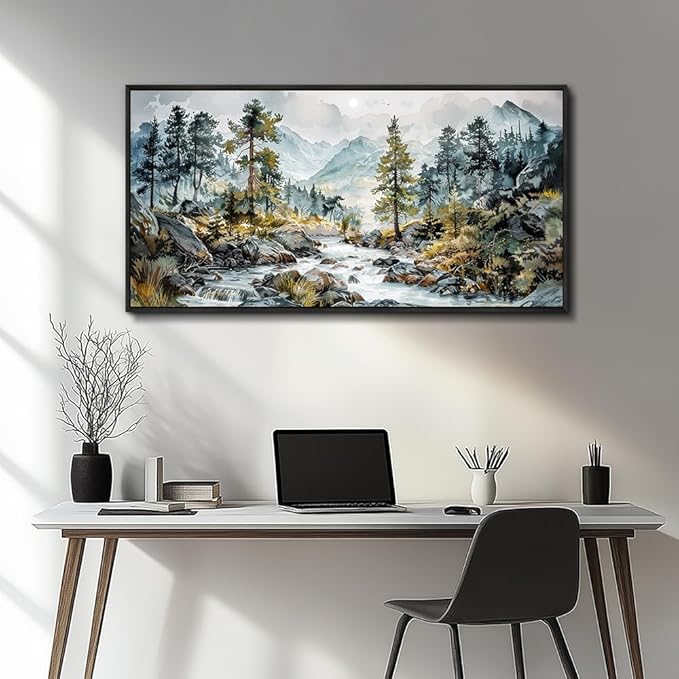 PHAOHUAXM Large Wall Art For Bedroom Wall Decor For Living Room Office Home Decoration Rivulet View Painting Forest Tree Landscape Watercolour Canvas Pictures Ready To Hang Black Framed 20x40 In-Ruum Studio Home