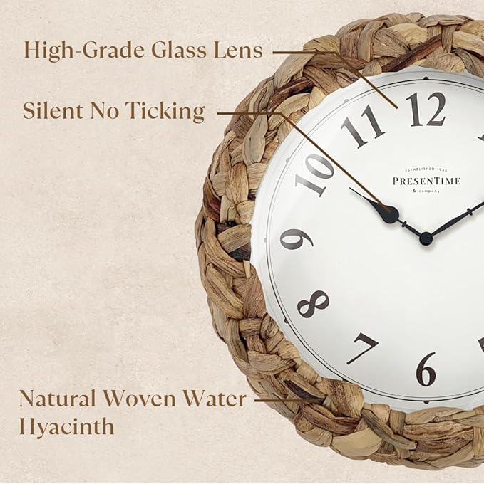 Presentime & Co Farmhouse Series, Rustic Woven Clock, 10.5 inch, Natural Woven Water Hyacinth/Sea Grass. Wall Sculpture, Wall Art and Timepiece for Home Decoration/Decoration/Farmhouse Décor.-Ruum Studio Home