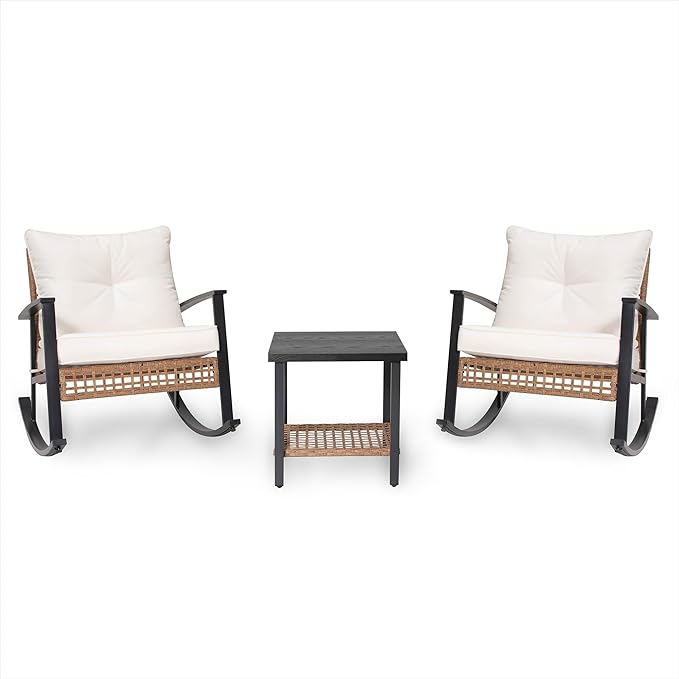 LAUSAINT HOME 3-Piece Rocking Bistro Set, Outdoor Patio Furniture with Thick Cushions and 2-Tier Coffee Table, Oversize Rattan Conversation Set for Garden, Balcony, Backyard (Beige)-Ruum Studio Home