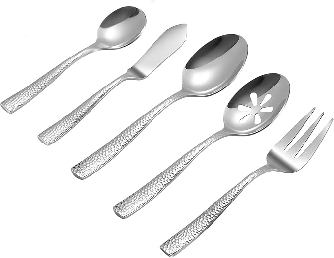 Stainless Steel Silverware Serving Set Hammered Silver Mirror Finished 5 Piece Serving Utensil Set Flatware Set-Ruum Studio Home