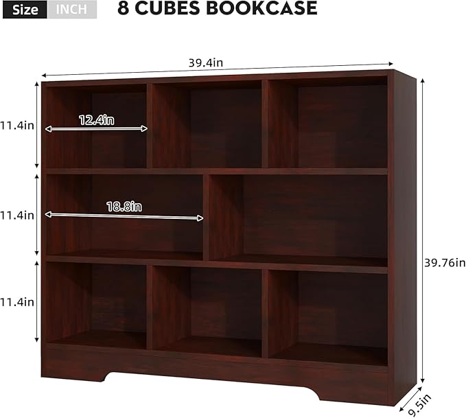Book Shelf Set of 2, 8 Cubes Storage Organizer, 3-Tier Open Bookshelf Wooden Bookcase, Freestanding Cherry Bookshelf Cube Shelf for Living Room-Ruum Studio Home