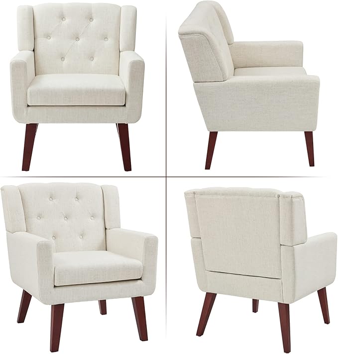 Living&Giving Accent Chair Button-Tufted Upholstered Living Room Chairs Comfy Reading Mid Century Modern with Linen Fabric Lounge Arm for Bedroom (Beige) 29.33D x 28.94W x 34.65H Inch-Ruum Studio Home