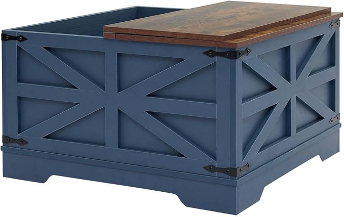 Blue Coffee Table with Storage, Cocktail Table with Hinged Lift Top, Farmhouse Square Wood Center Table with Large Hidden Storage Compartment for Living Room, Square Coffee Table, Metal Edges Decor-Ruum Studio Home