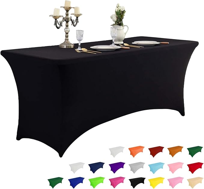 IVAPUPU 8FT Spring Table Cloth for Rectangular Fitted Events Stretch Black Table Covers Washable Cover Spandex Tablecloth Protector for Party, Wedding, Cocktail, Banquet, Festival-Ruum Studio Home