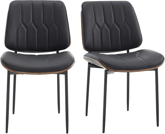 BV Mid Century Modern Dining Chairs Set of 2, Upholstered Pu Leather Accent Chair with Walnut Bentwood Back, Armless Kitchen Chair for Dining Room, Living Room, Kitchen, Black-Ruum Studio Home