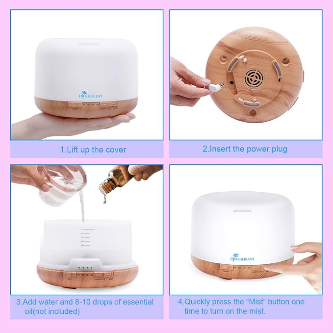 Diffuserlove Diffuser Essential Oil Diffusers 500ML Remote Control Aroma Diffuser Cool Mist Aromatherapy Diffuser with Mute Design, Timer and Auto Shut-Off for Office Living Room Yellow-Ruum Studio Home