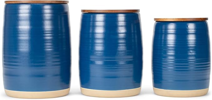 Nat & Jules Lidded Navy Blue 6 inch Ceramic and Wood Kitchen Canisters Set of 3-Ruum Studio Home