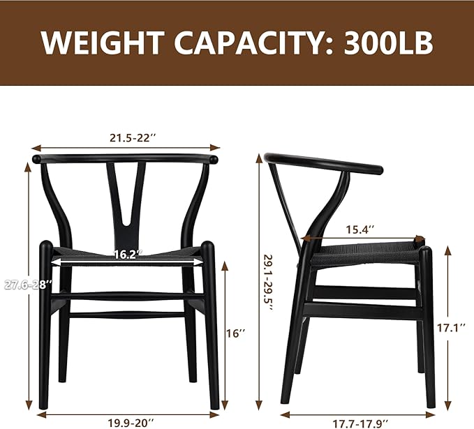 Wishbone Chair Natural Solid Wood Dining Chair/Hans Vegner Y Chair Rattan and Wood Accent Armrest Chairs Set of 2 (Ash Wood - Black)-Ruum Studio Home