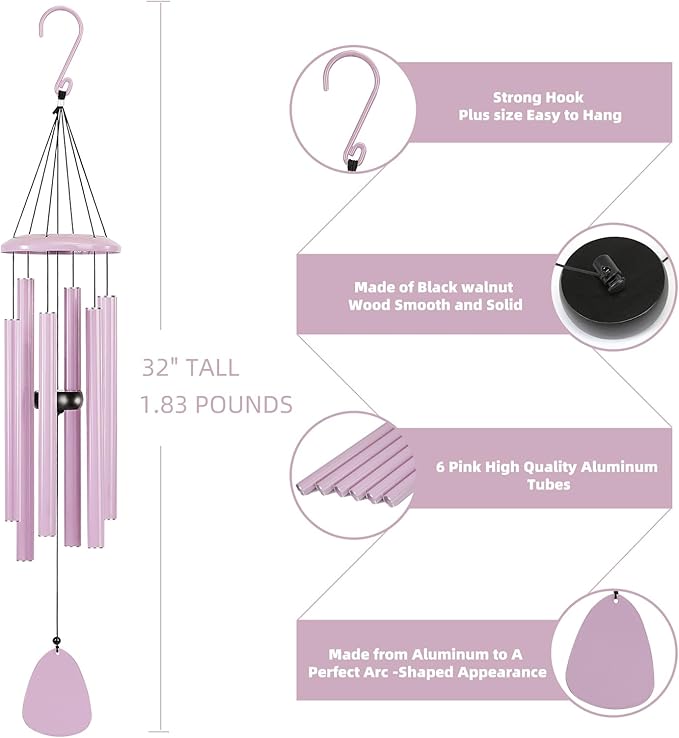 Wind-Chimes-Outdoor-Deep-Tone, Large Soothing Melodic Tones Windchimes, Wind Chimes for Outside, Memorial Wind Chime Best Gift for Mom Women Grandma Neighbors(32" Pink Coated Aluminum)-Ruum Studio Home