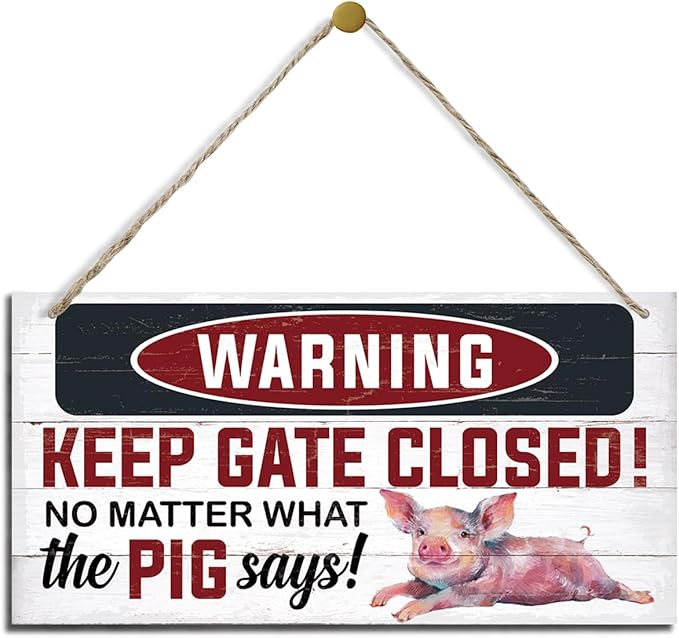 Rustic Warning Gate Plaque - Decorative Wooden Pig Sign for Farm Fence & Wall Gate Decor-Ruum Studio Home
