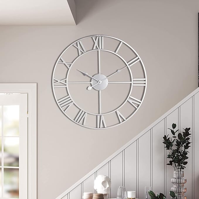 LEIKE 32" Large Modern Wall Clocks,Vintage,Round,Nearly Silent,Little Ticking,Battery Operated,Silver Metal Roman Numerals Clock for Living Room/Bedroom/Kitchen Wall Decor-Ruum Studio Home