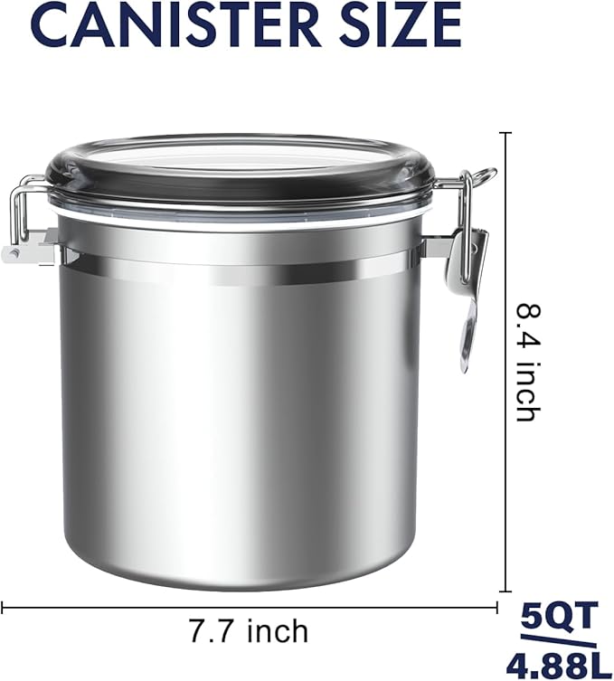 ENLOY 165oz Stainless Steel Airtight Canister for Kitchen, Large Flour Coffee Bean Tea Cereal Sugar Cookie Metal Food Storage Canisters with Clear Lid and Sturdy Locking Clamp-Ruum Studio Home
