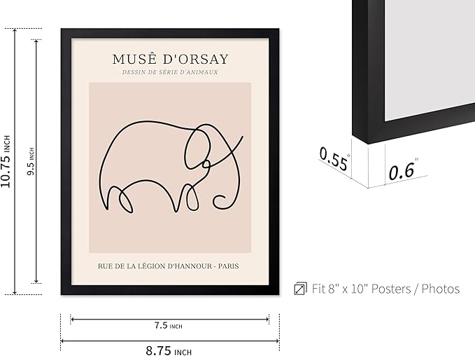Poster Master Vintage Poster - Retro One Line Elephant Drawing Print - Elephant Art - Minimal Gift for Men, Women, Animal Lover - Abstract Wall Decor for Home, Office, 8x10 Black Framed-Ruum Studio Home
