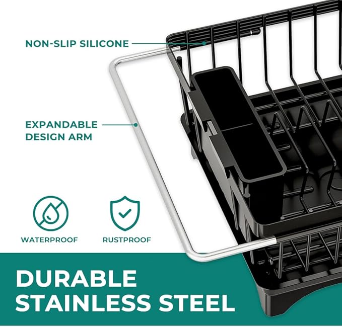 Expandable Dish Drying Rack in Sink, Adjustable Stainless Steel Rustproof Grip Handles Dish Rack Over The Sink, Dish Strainer with Drying Tray & Utensil Holder-Ruum Studio Home