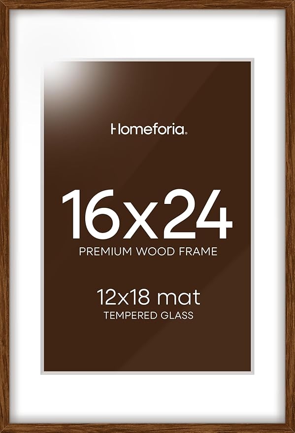 Homeforia Walnut Picture Frame 16x24, High End Dark Oak 16x24 Brown Wooden Frames with Mat 12x18, 16 x 24 Wood Poster Frame Matted to 12 by 18, 24x16 Hanging Frames, Tempered Glass, Wall Kit, Set of 1-Ruum Studio Home