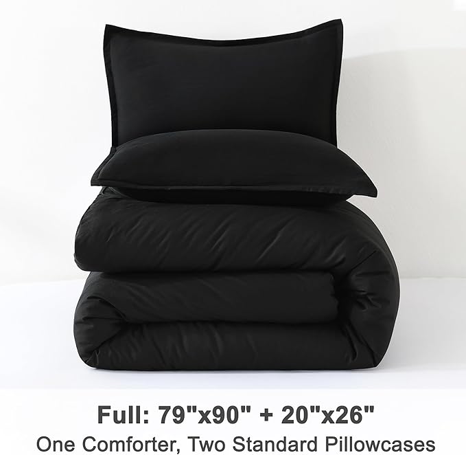 Litanika Black Comforter Full Size, 3 Pieces Boho Lightweight Solid Bedding Comforter Set, All Season Fluffy Bed Set (79x90In Comforter & 2 Pillowcases)-Ruum Studio Home