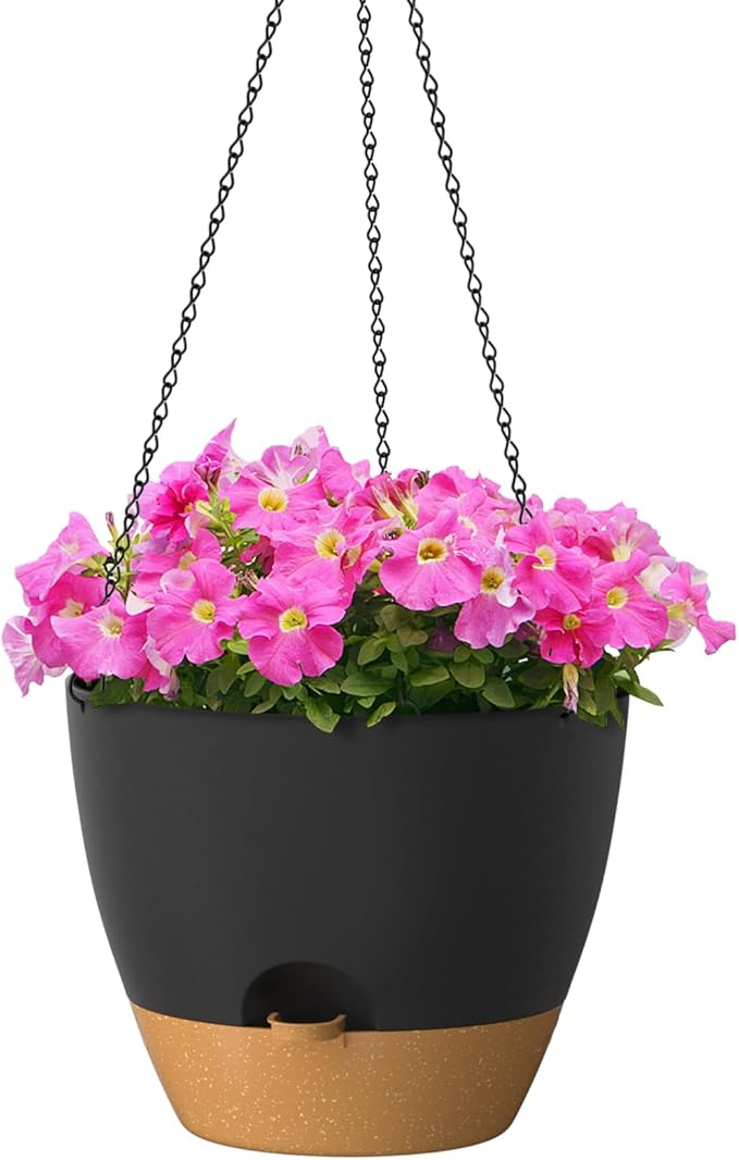ZMTECH 12 Inch Hanging Planters for Indoor Outdoor Plants, 1 Pack Self Watering Hanging Plant Pots with Drainage Holes and Removable Saucer, Plastic Flower Hanging Pots with Watering Lip (Black)-Ruum Studio Home