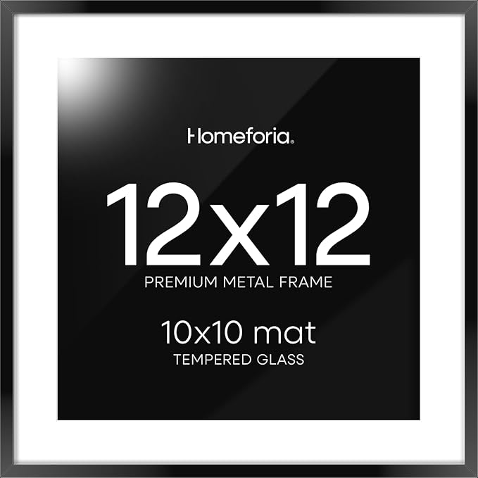 Homeforia Black 12x12 Picture Frames, High End Metal 12 x 12 Square Poster Frame with Mat 10 x 10 Photo, 12x12 Black Frame Matted to 10x10 Print, 12by12 Thin Frames, Tempered Glass, Wall Kit, Set of 1-Ruum Studio Home
