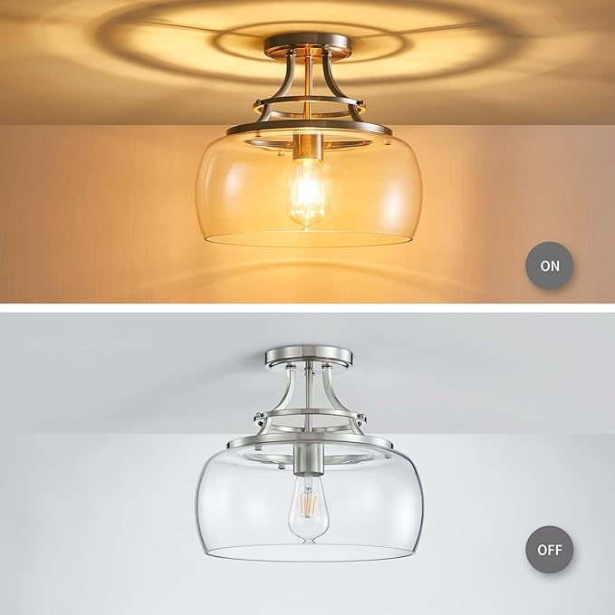 WUZUPS Chandelier Rustic Farmhouse Industrial Round Semi-flushmount Ceiling LED Light Fixture with Clear Glass Shades for Bathroom Kitchen Foyer Entryway, H 11.8" x W 13.4", E26 Base, Brushed Nickel-Ruum Studio Home