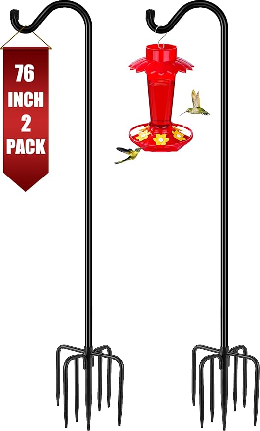 Gtongoko Shepherds Hook for Outdoor, 76 Inch Bird Feeder Pole with 7 Prongs Base, 3/4 Inch Thick Heavy Duty Adjustable Garden Hook for Hanging Plant, Hummingbird Feeder, Lantern, 2 Pack-Ruum Studio Home