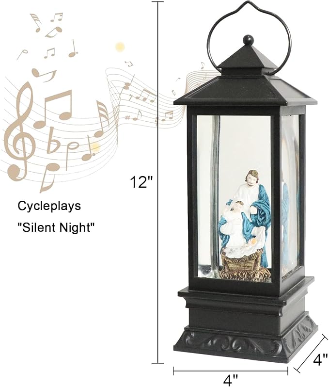 Eldnacele Battery Operated Plug-in Musical Lighted Christmas Water Snowing Glittering Snow Globe Lantern with Timer Christians Nativity Lantern Decor, Holy Family-Ruum Studio Home