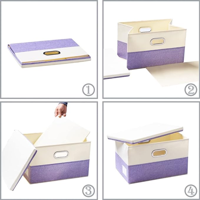PRANDOM Large Foldable Storage Bins with Lids [3-Pack] linen Fabric Decorative Storage Boxes Organizer Containers Baskets Cube with Handles Divider for Bedroom Closet Purple&Cream(17.7x11.8x11.8)-Ruum Studio Home