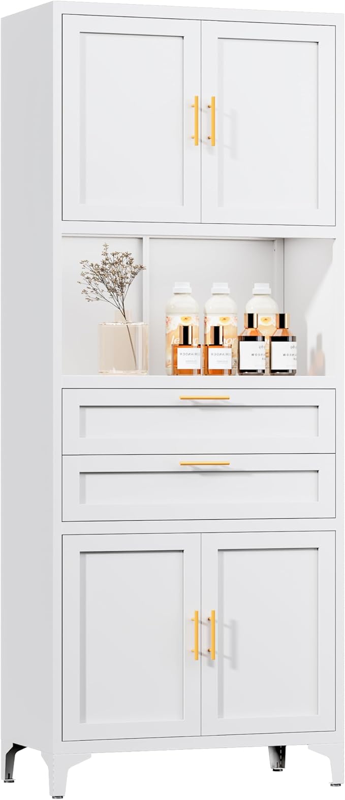 75” Tall Kitchen Pantry Storage Cabinet, Metal Bathroom Storage Cabinet with 2 Drawers and Adjustable Shelves, Kitchen Pantry Cupboard, Freestanding Cupboard for Bathroom, Living Room (White)-Ruum Studio Home