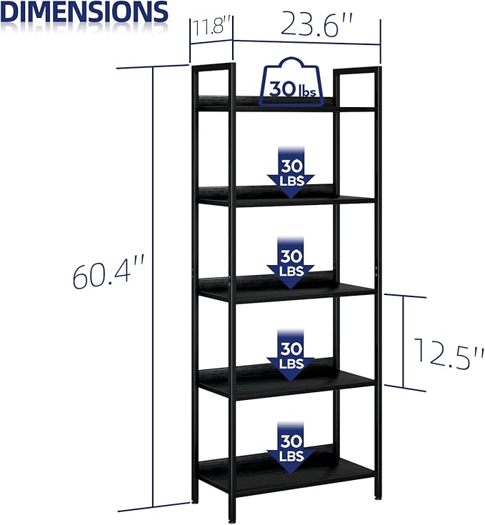 NUMENN Bookshelf, 5 Tier Bookshelves, Home Office Bookcase Shelf Storage Organizer, Free Standing Storage Shelving Unit for Bedroom, Living Room and Home Office, Black-Ruum Studio Home