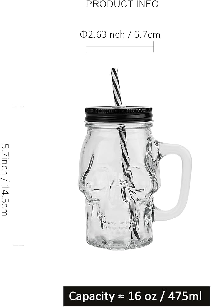 Halloween Cups Set of 4 - Skull Mason Jar with Lids Straws and Handle - Skull Drinking Glasses for Halloween Party Bar Decor (16 oz, Clear)-Ruum Studio Home