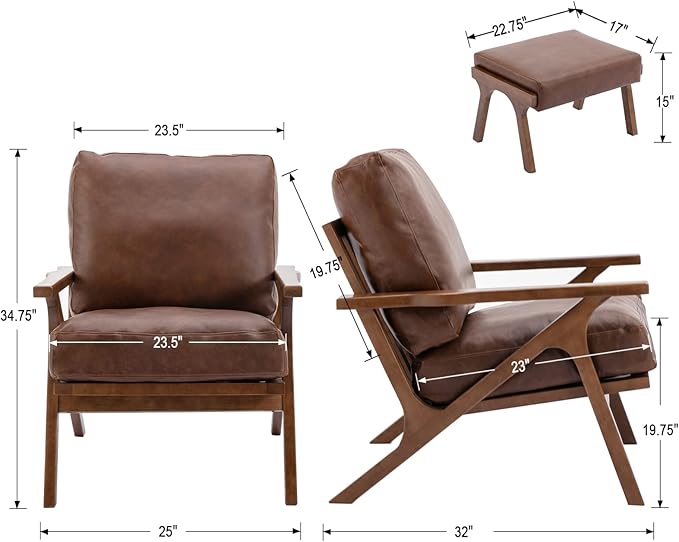 Wahson Brown Leather Accent Chair - Mid Century Modern Retro Upholstered Armchair with Wood Frame and Removable PU Cushions - Large Compfy Leisure Slipper Chair for Living Room/Bedroom (Set of 2)-Ruum Studio Home