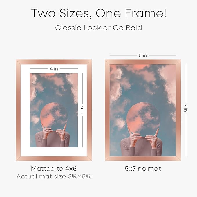 Homeforia Rose Gold 5x7 Picture Frame, High End Metal 5 x 7 Frames with Mat 4 x 6 for Print, 5by7 Desk Frame Matted to 4x6 inch Photo, 5 by 7 Wall or Tabletop Frame, Tempered Glass, Wall Kit, Set of 1-Ruum Studio Home